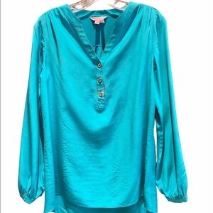 Lily Pulitzer 100% silk v neck half button long sleeve Blue Blouse SZ S
